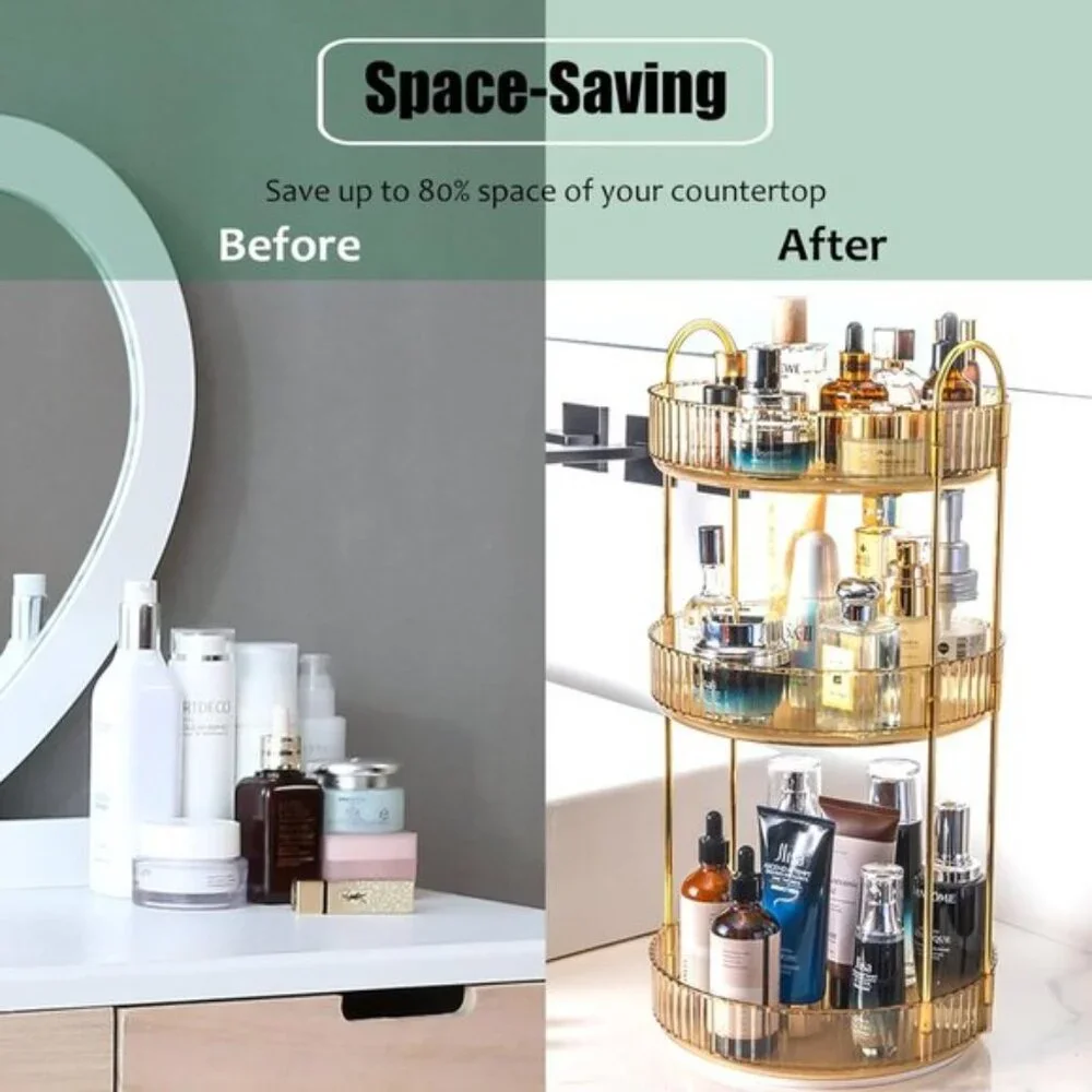 New 3-Tier Rotating Makeup Organizer, Clear Amber Gold Vanity & Skincare Storage